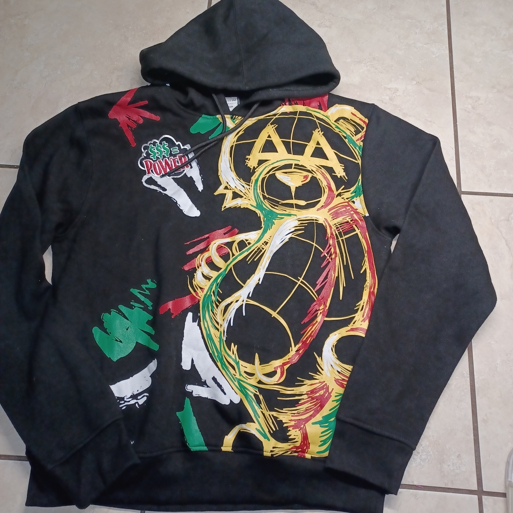 Black Graphic Hoodie with Bear Design